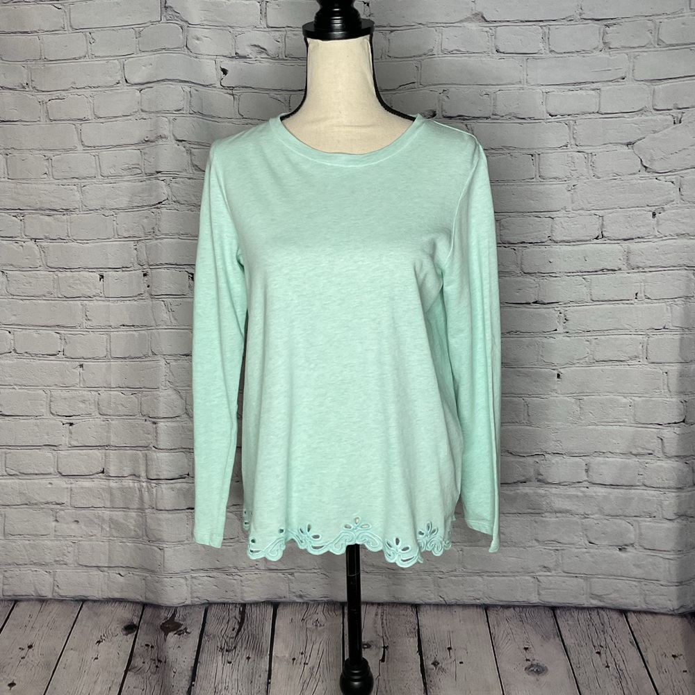 J Jill Mint Heather Green Long Sleeve Embroidered Hem Pullover Top Small